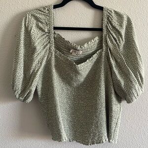 LOFT Sage Green Smocked Puff Sleeve Top